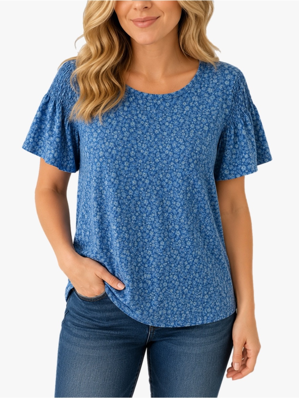 NWT LuLaRoe Stephanie Blue Floral Smocked Puff Sleeve Top Size Medium